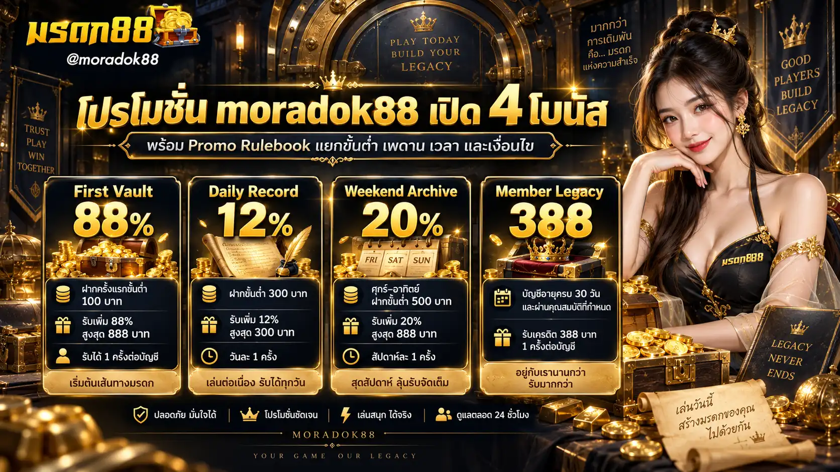 โปรโมชั่น moradok88 เปิด 4 โบนัส พร้อม Promo Rulebook แยกขั้นต่ำ เพดาน เวลา และเงื่อนไข
